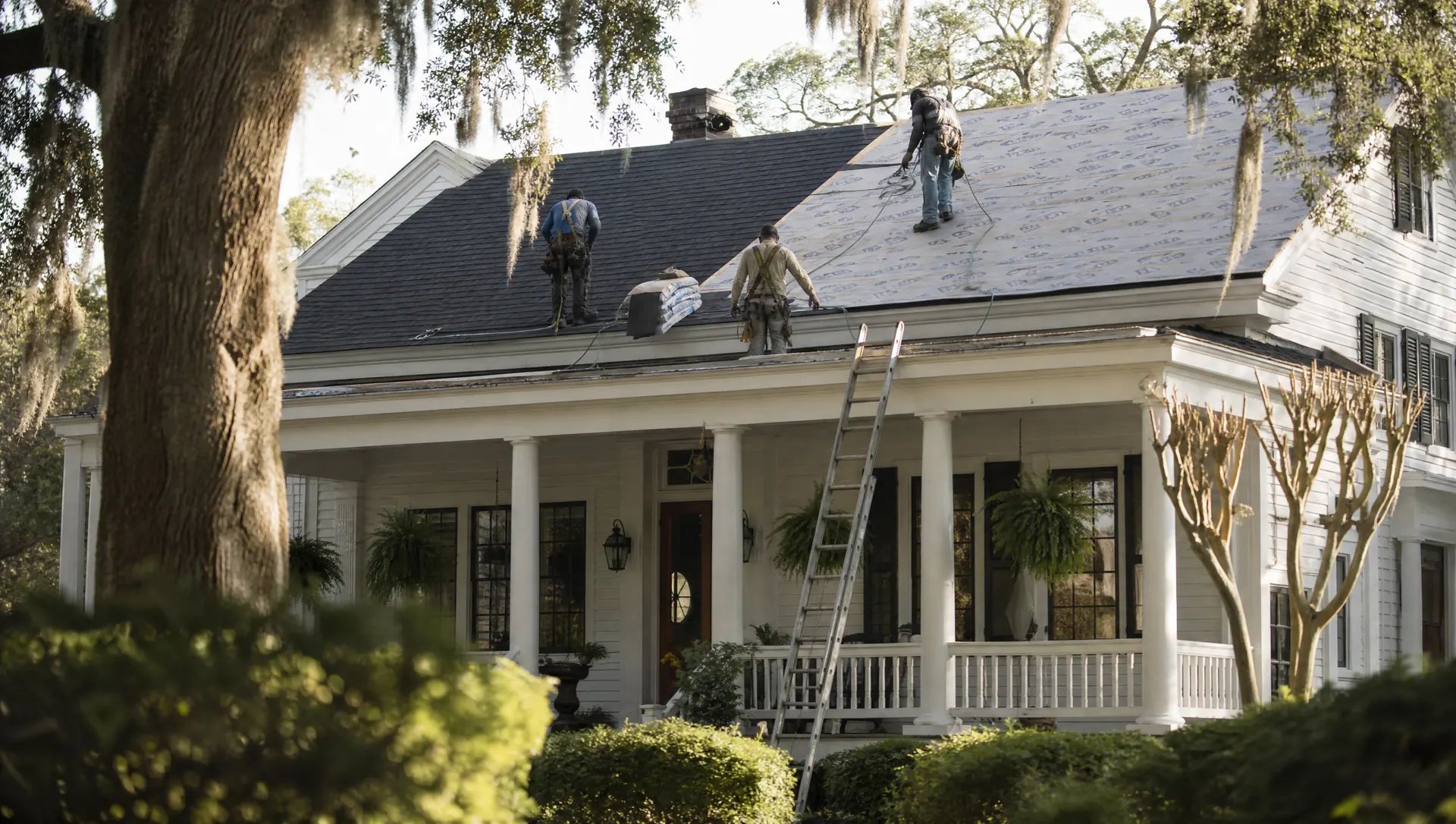 Roofing crew installing new architectural shingles on a Lowcountry home in Charleston, SC